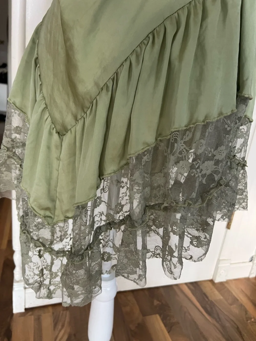 Sage Olive Green Lace-Hem V Drop Waist Mini Dress - Picture 11 of 13